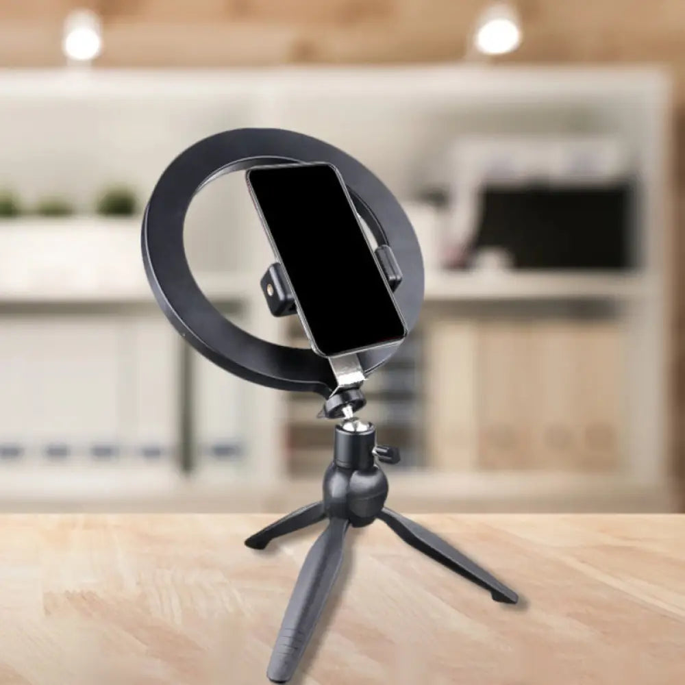 Minimalist Black Tripod Phone Holder With Led Vanity Light And Fill-In Flash Lighting + / Usb A