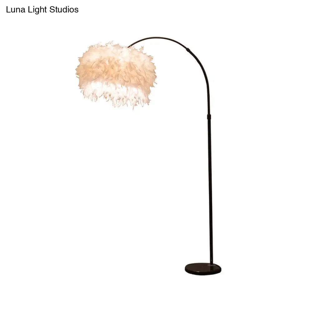 Minimalist Black/White Drum Floor Lamp With Feathered 1 Head Curved/Straight Pole