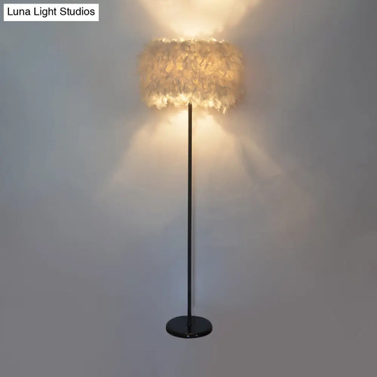 Minimalist Black/White Drum Floor Lamp With Feathered 1 Head Curved/Straight Pole