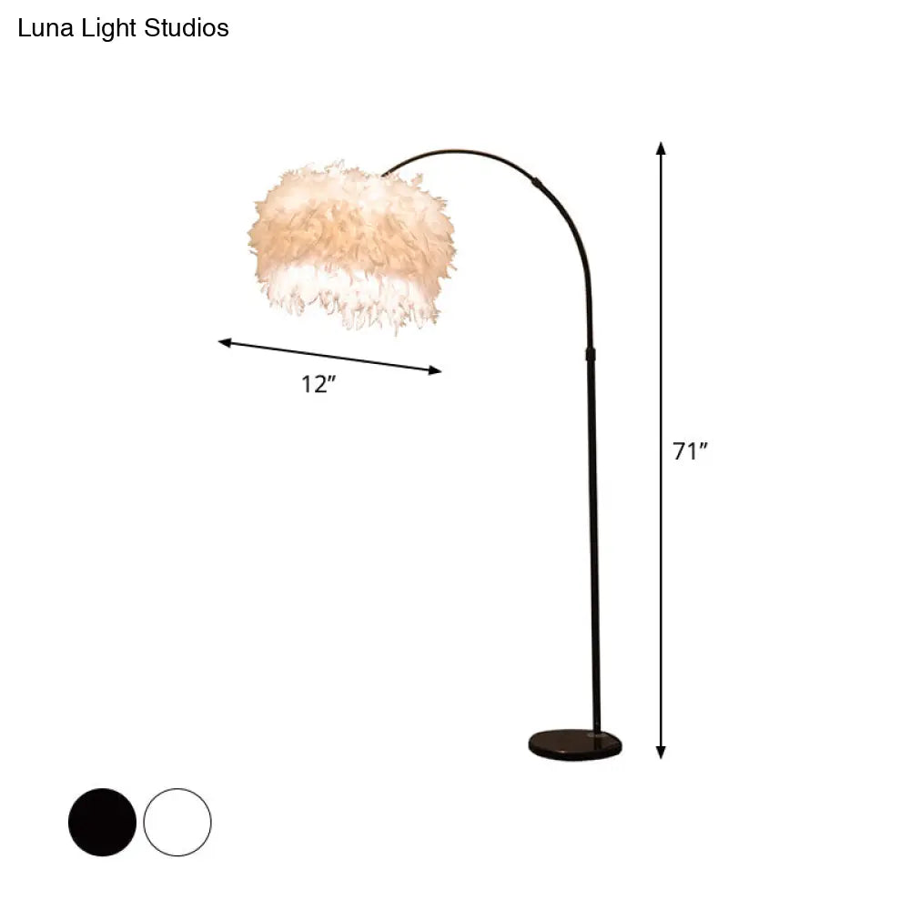 Minimalist Black/White Drum Floor Lamp With Feathered 1 Head Curved/Straight Pole