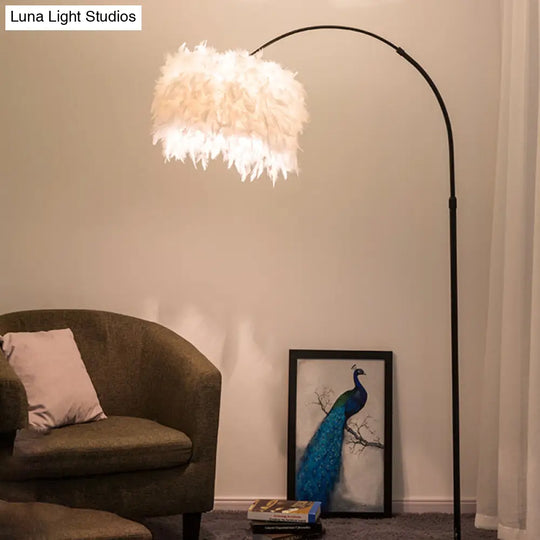 Minimalist Black/White Drum Floor Lamp With Feathered 1 Head Curved/Straight Pole