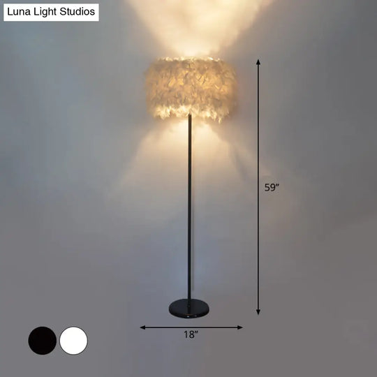 Minimalist Black/White Drum Floor Lamp With Feathered 1 Head Curved/Straight Pole