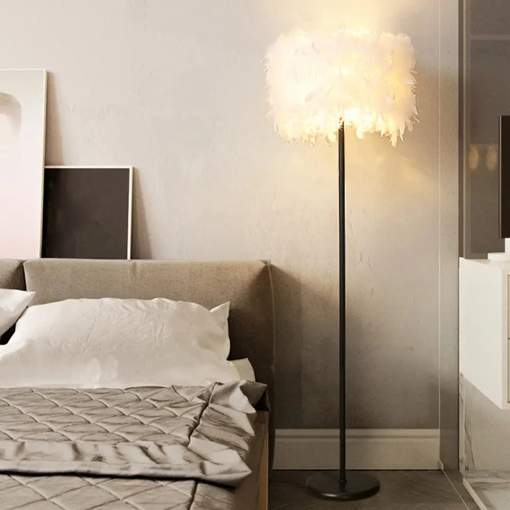 Minimalist Black/White Drum Floor Lamp With Feathered 1 Head Curved/Straight Pole Black / Straight