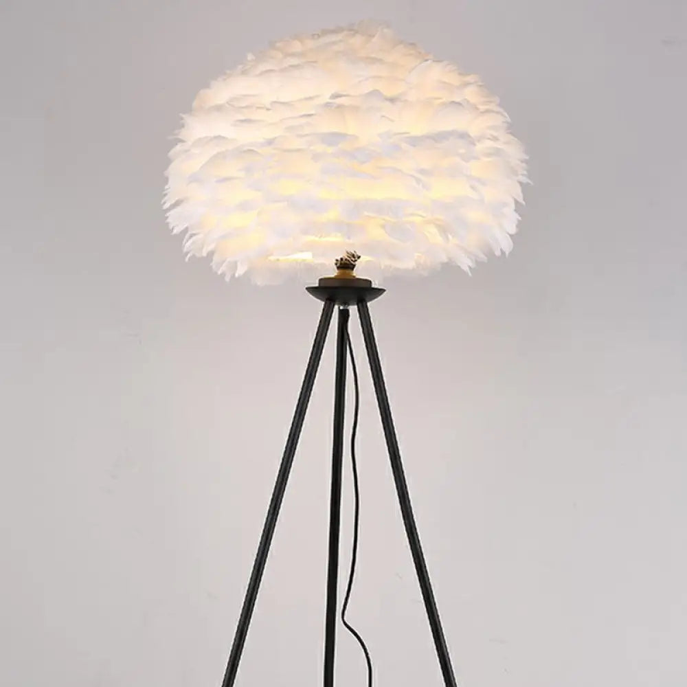 Minimalist Black-White Floor Lamp With Feather Dome Shade - 1-Light Living Room Stand Up Light Black