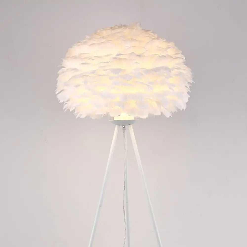 Minimalist Black-White Floor Lamp With Feather Dome Shade - 1-Light Living Room Stand Up Light White