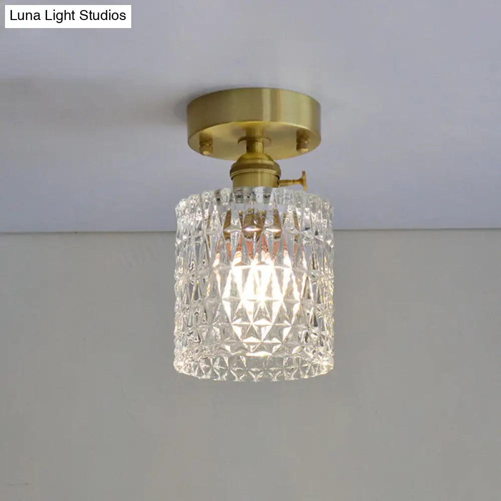 Minimalist Brass 1-Head Ceiling Light With Carved Glass Shade For Corridors