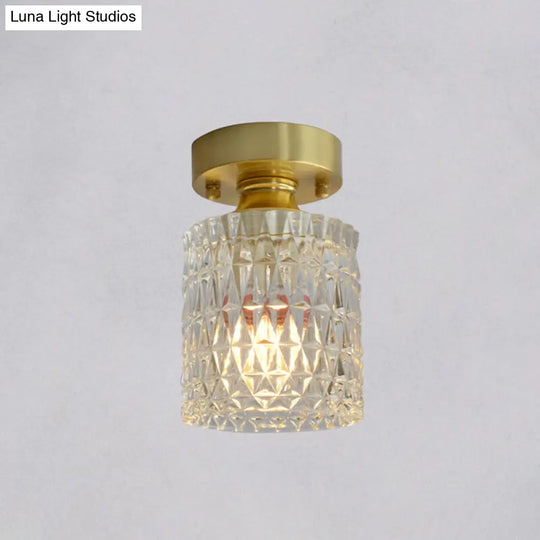 Minimalist Brass 1-Head Ceiling Light With Carved Glass Shade For Corridors / Cylinder