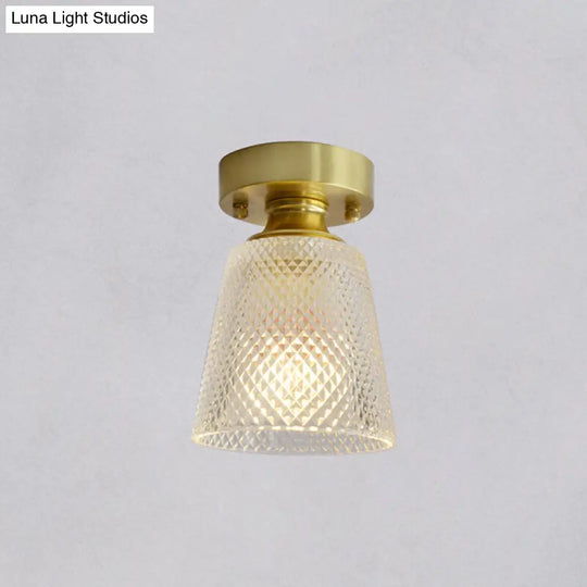 Minimalist Brass 1-Head Ceiling Light With Carved Glass Shade For Corridors / Trumpet