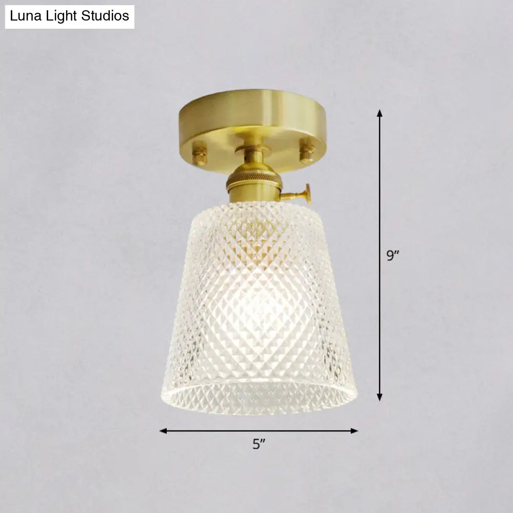 Minimalist Brass 1-Head Ceiling Light With Carved Glass Shade For Corridors