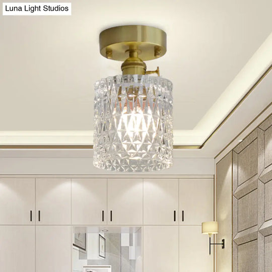 Minimalist Brass 1 - Head Ceiling Light With Carved Glass Shade For Corridors