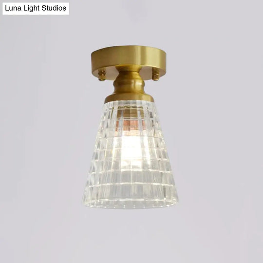 Minimalist Brass 1-Head Ceiling Light With Carved Glass Shade For Corridors / Flared