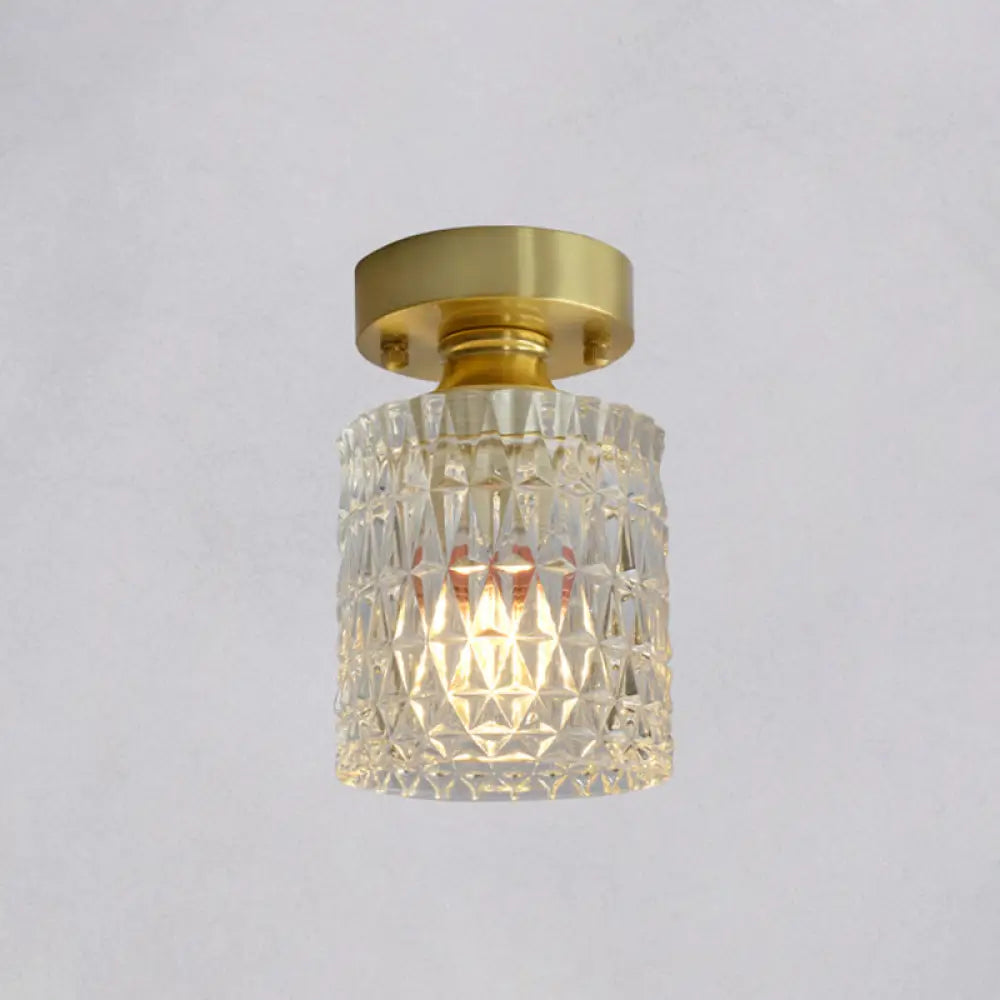 Minimalist Brass 1 - Head Ceiling Light With Carved Glass Shade For Corridors / Cylinder