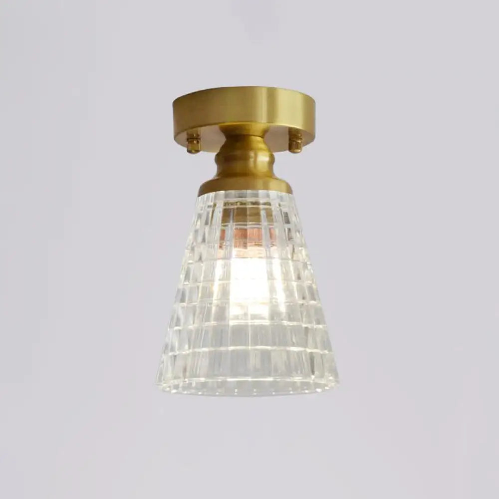 Minimalist Brass 1 - Head Ceiling Light With Carved Glass Shade For Corridors / Flared