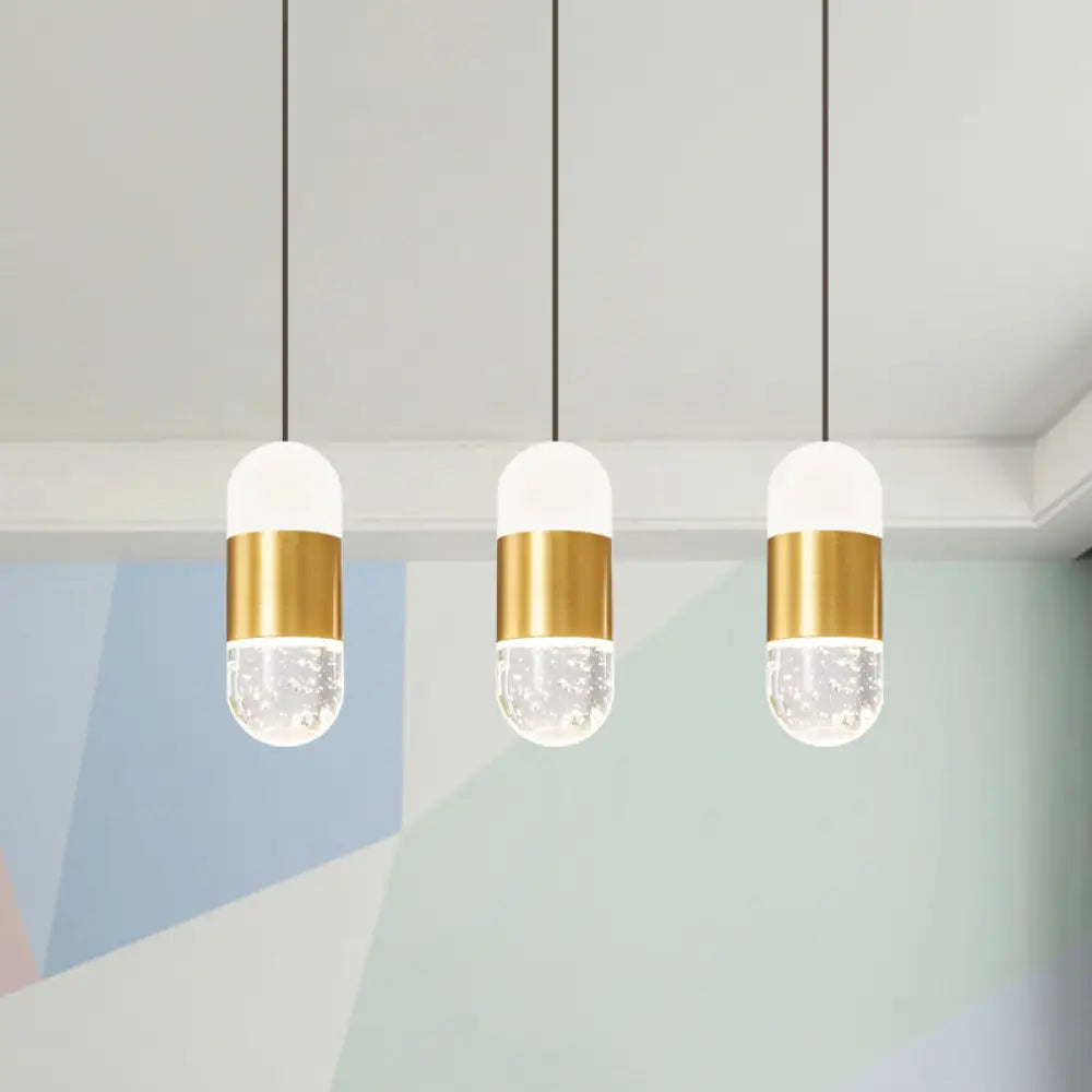 Minimalist Brass 3-Head Pendant Light With Seedy Crystal Capsules - Perfect For Dining Room Ceiling