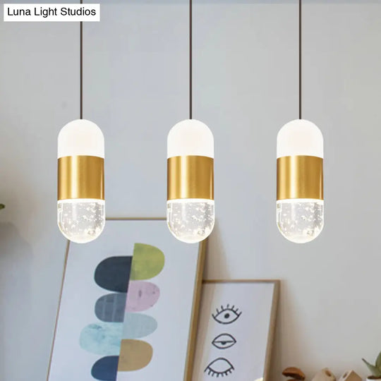 Minimalist Brass Cluster Pendant Light With Seedy Crystal Capsule - Perfect For Dining Room