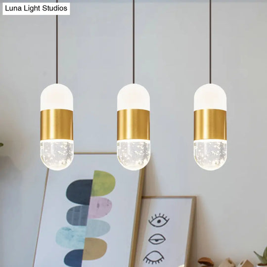 Minimalist Brass 3-Head Pendant Light With Seedy Crystal Capsules - Perfect For Dining Room Ceiling