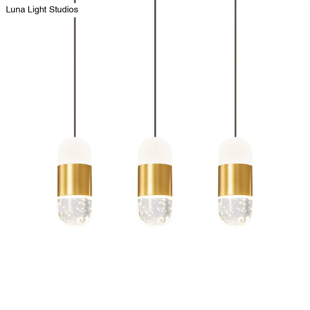 Minimalist Brass 3-Head Pendant Light With Seedy Crystal Capsules - Perfect For Dining Room Ceiling