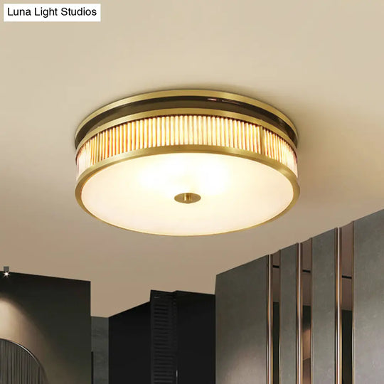 Minimalist Brass Ceiling Flush Mount Lamp With Opal Glass Shade - 4 Lights For Great Room