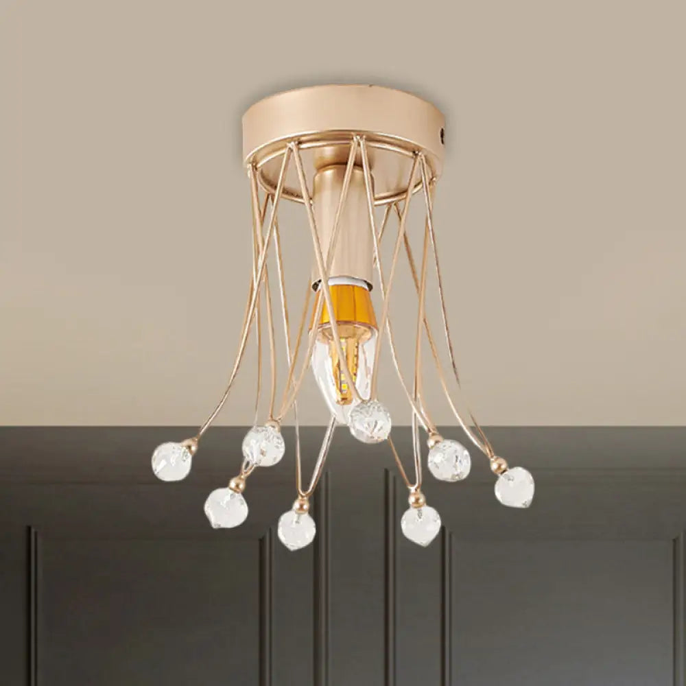 Minimalist Brass Crown Ceiling Light With Crystal Orbs - Semi Flush Mount 1 /