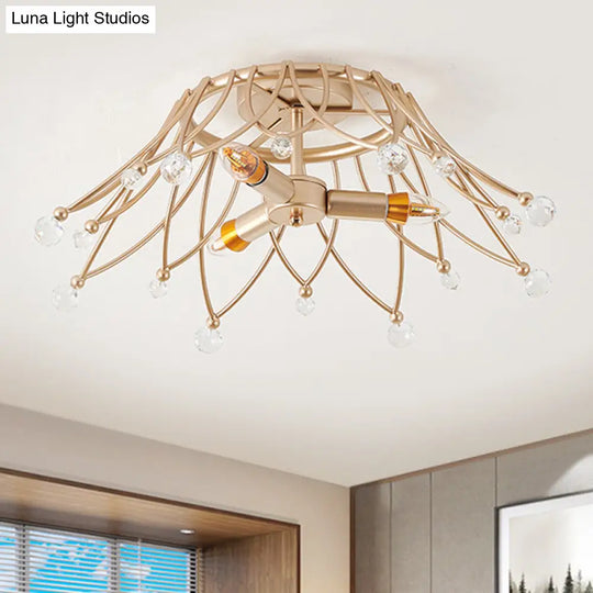 Minimalist Brass Crown Ceiling Light With Crystal Orbs - Semi Flush Mount