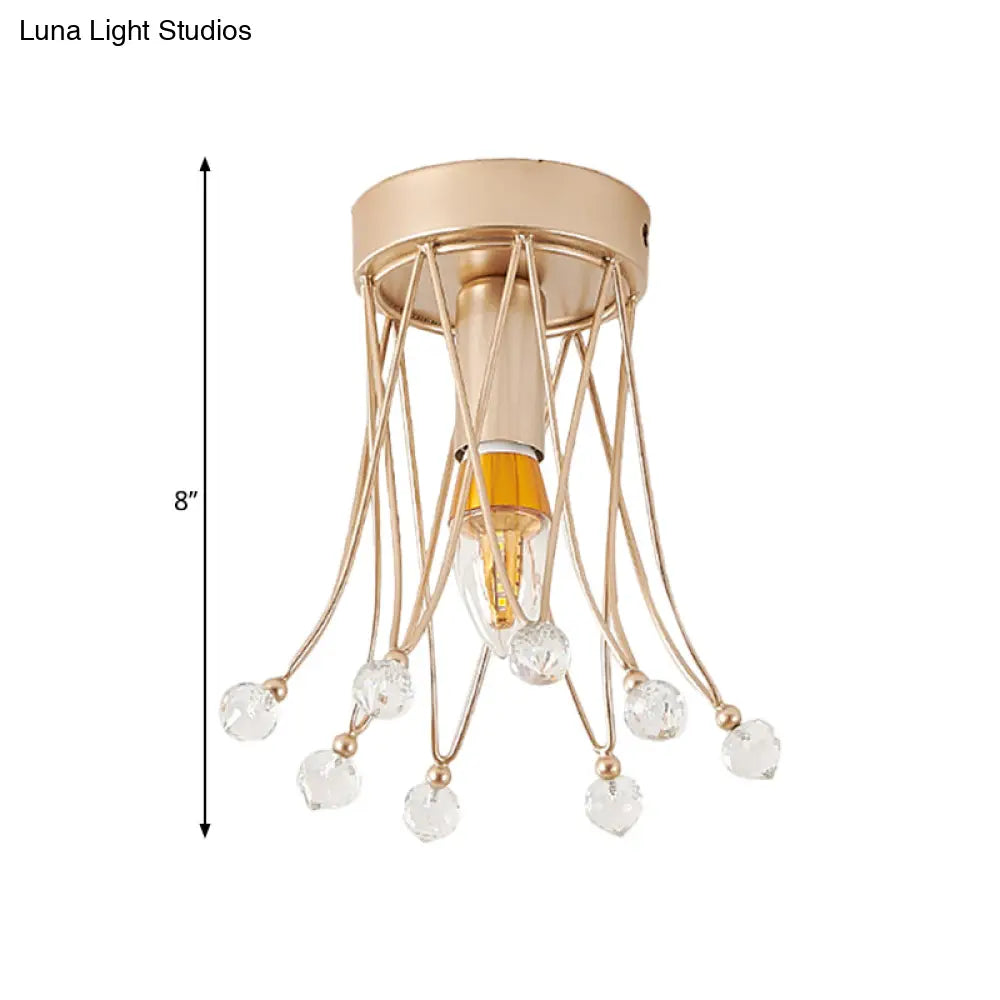 Minimalist Brass Crown Ceiling Light With Crystal Orbs - Semi Flush Mount