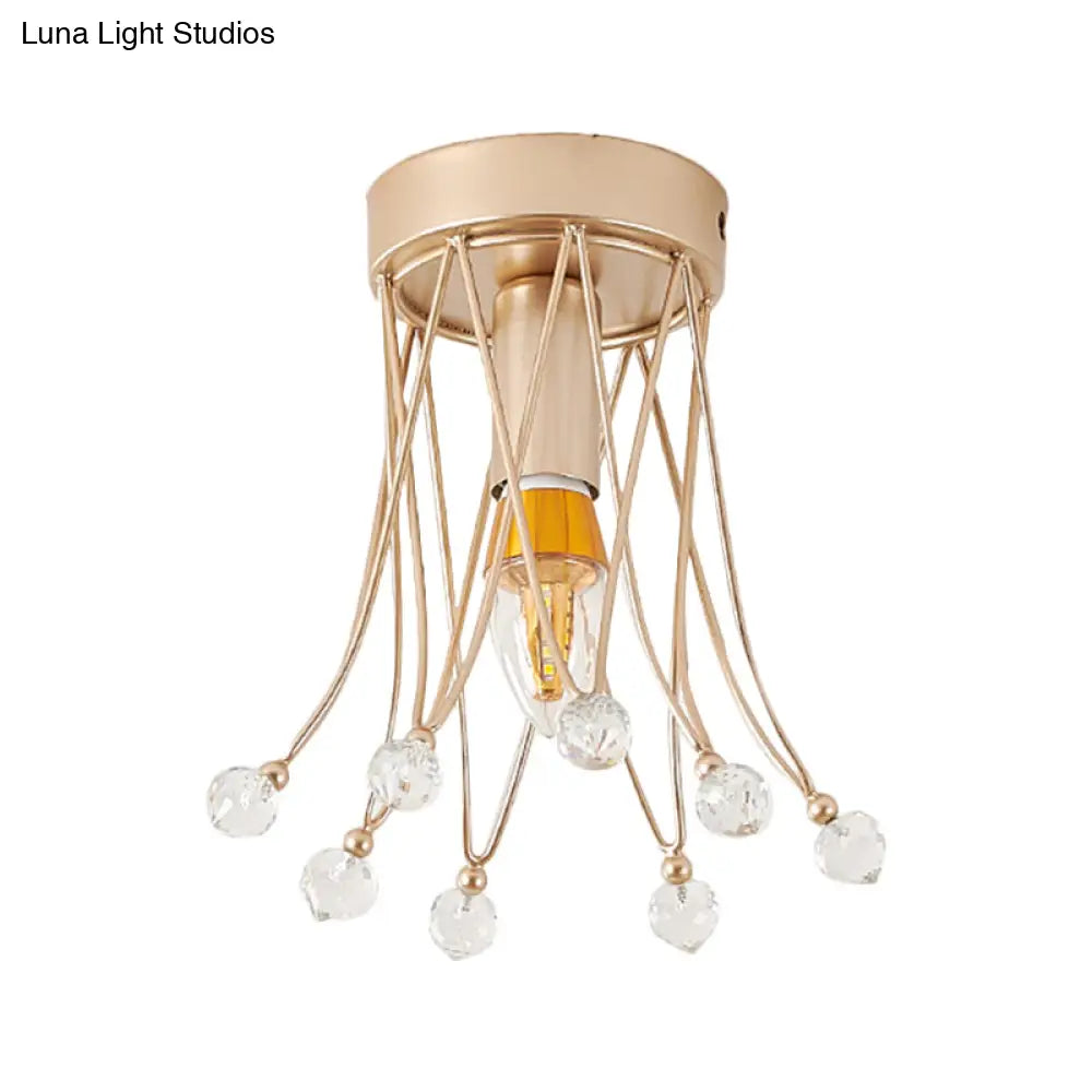 Minimalist Brass Crown Ceiling Light With Crystal Orbs - Semi Flush Mount