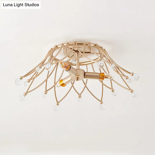 Minimalist Brass Crown Ceiling Light With Crystal Orbs - Semi Flush Mount