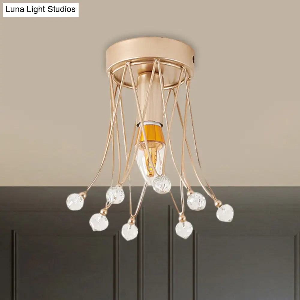 Minimalist Brass Crown Ceiling Light With Crystal Orbs - Semi Flush Mount 1 /