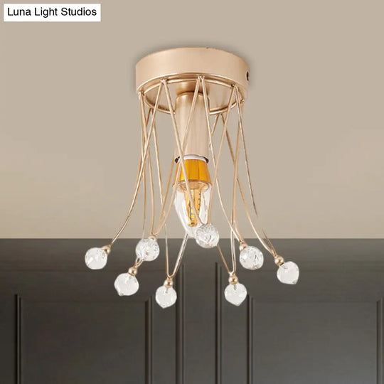 Minimalist Brass Crown Ceiling Light With Crystal Orbs - Semi Flush Mount 1 /