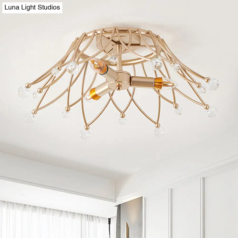 Minimalist Brass Crown Ceiling Light With Crystal Orbs - Semi Flush Mount