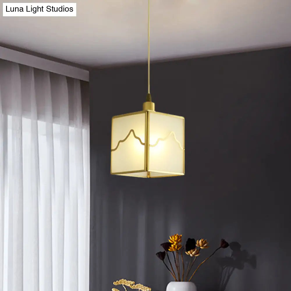 Minimalist Brass Cube Hanging Light Kit - Translucent Glass Suspension Lamp With 1-Light