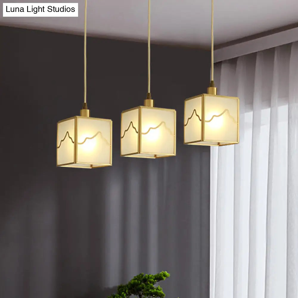 Minimalist Brass Cube Hanging Light Kit - Translucent Glass Suspension Lamp With 1-Light