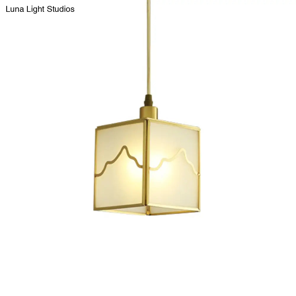 Minimalist Brass Cube Hanging Light Kit - Translucent Glass Suspension Lamp With 1-Light