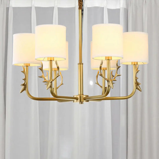 Minimalist Brass Deer Chandelier With Fabric Shade - Elegant Metal Hanging Lamp 6 /