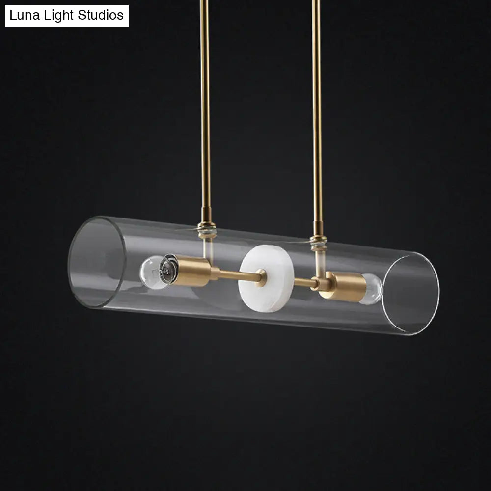 Minimalist Brass Finish Island Pendant With Clear Glass Tubes - Suspended Lighting Fixture