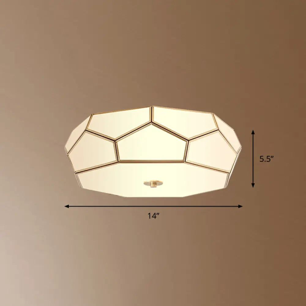 Minimalist Brass Flush Glass Ceiling Light For Bedroom - Polygon White Fixture / 14’