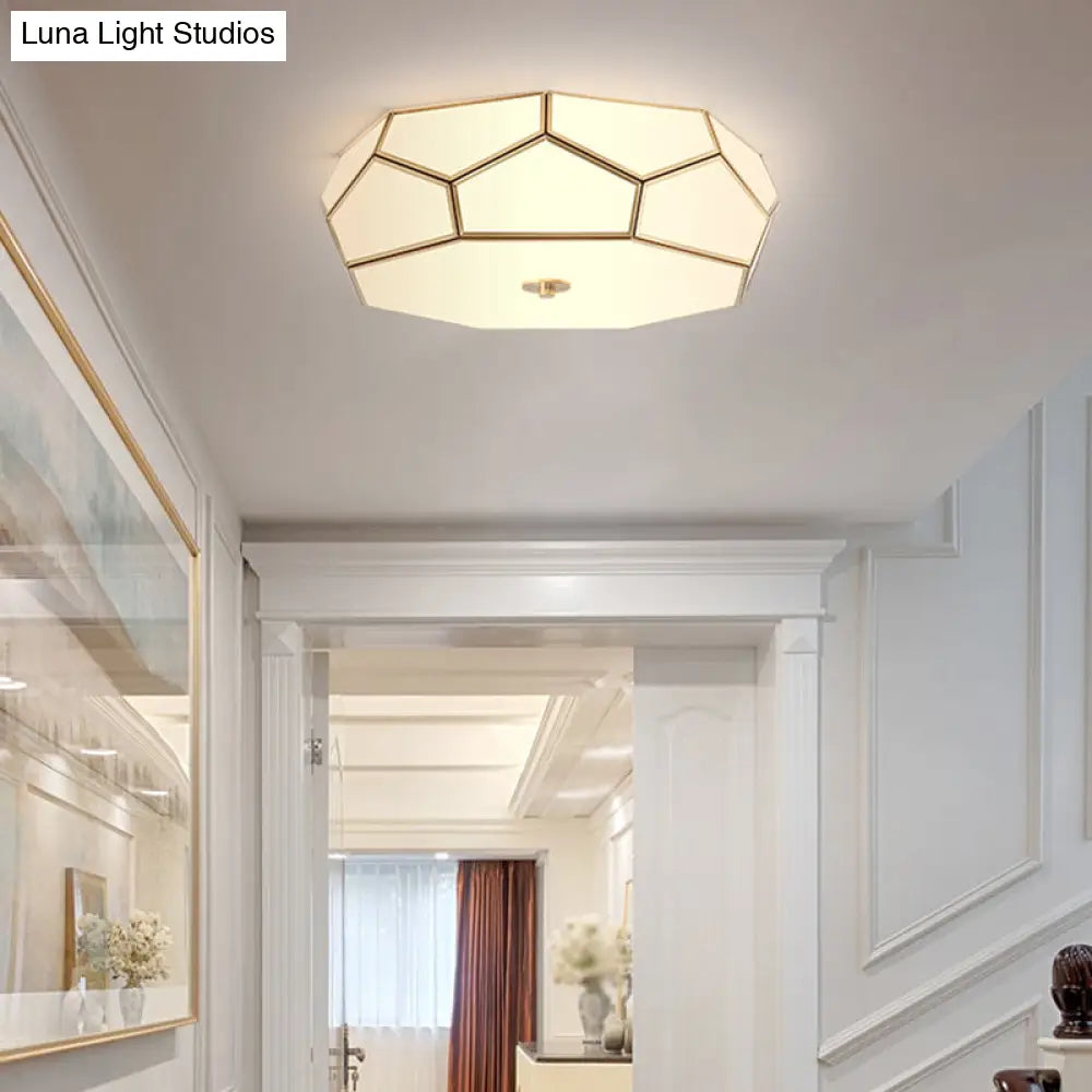 Minimalist Brass Flush Glass Ceiling Light For Bedroom - Polygon White Fixture