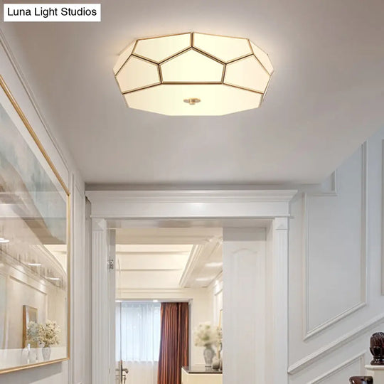 Minimalist Brass Flush Glass Ceiling Light For Bedroom - Polygon White Fixture