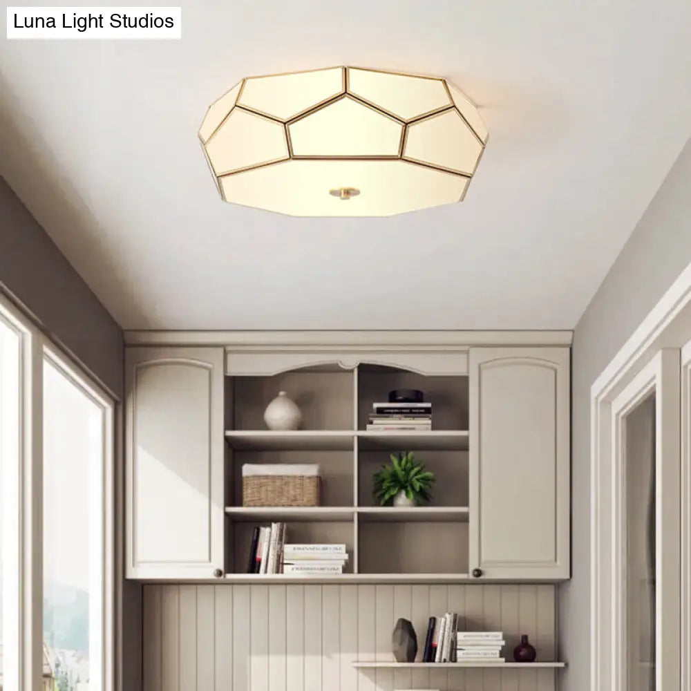 Minimalist Brass Flush Glass Ceiling Light For Bedroom - Polygon White Fixture