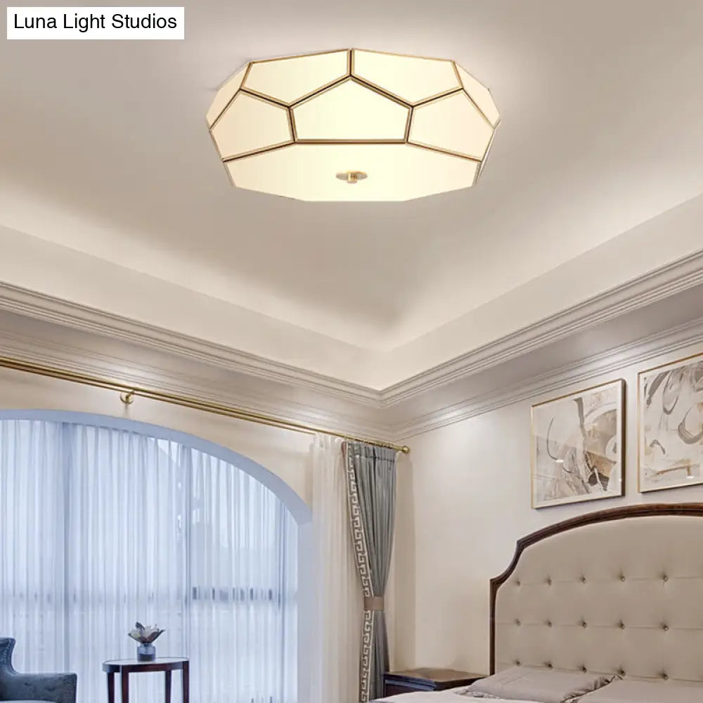 Minimalist Brass Flush Glass Ceiling Light For Bedroom - Polygon White Fixture