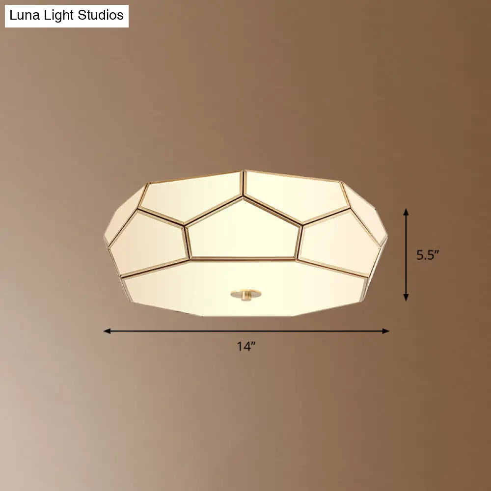 Minimalist Brass Flush Glass Ceiling Light For Bedroom - Polygon White Fixture / 14