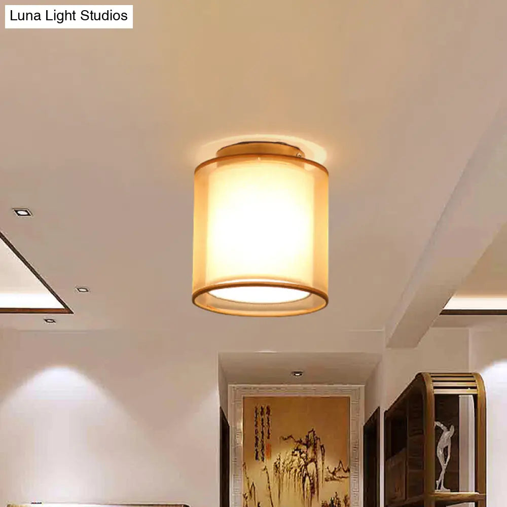 Minimalist Brass Flushmount Ceiling Light With Fabric Shade / Cylinder