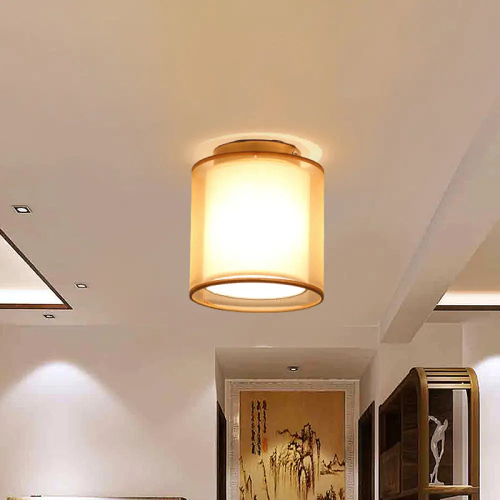 Minimalist Brass Flushmount Ceiling Light With Fabric Shade / Cylinder