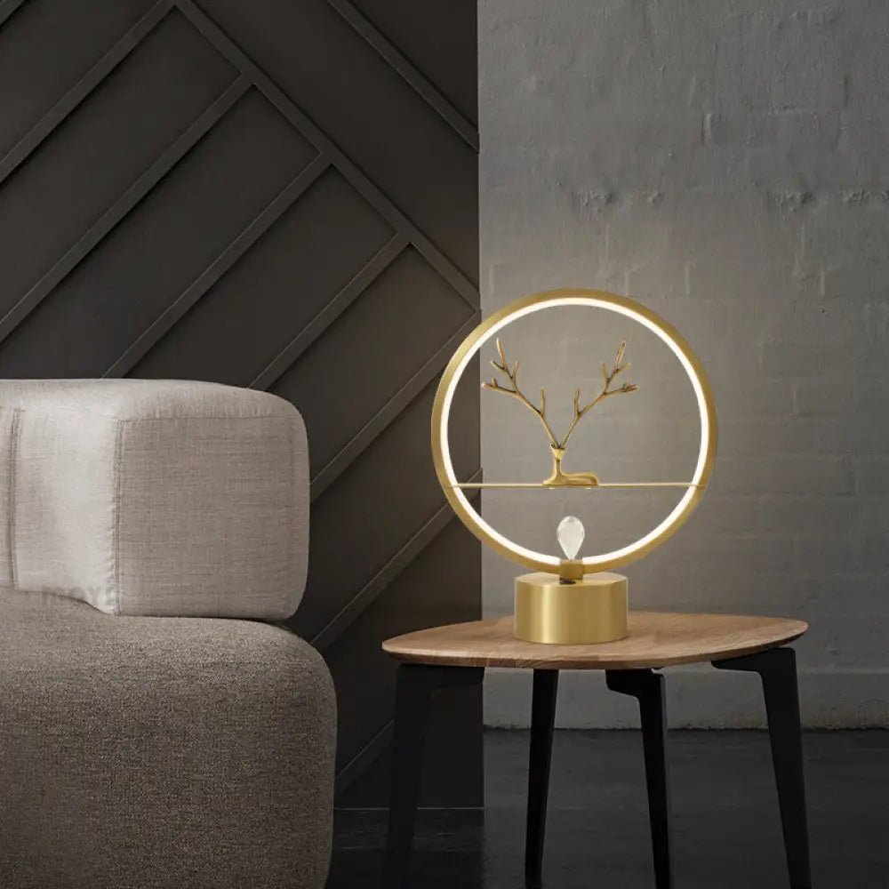 Minimalist Brass Halo Ring Table Light With Led Metal Night Featuring Deer Decoration