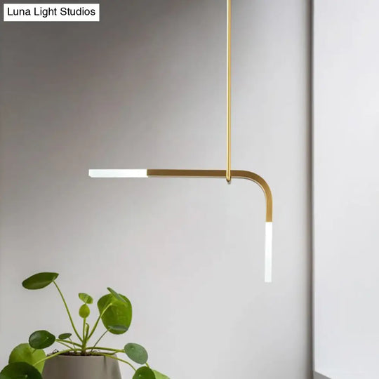 Minimalist Brass Led Pendant Lamp For Dining Table With Metallic Bend