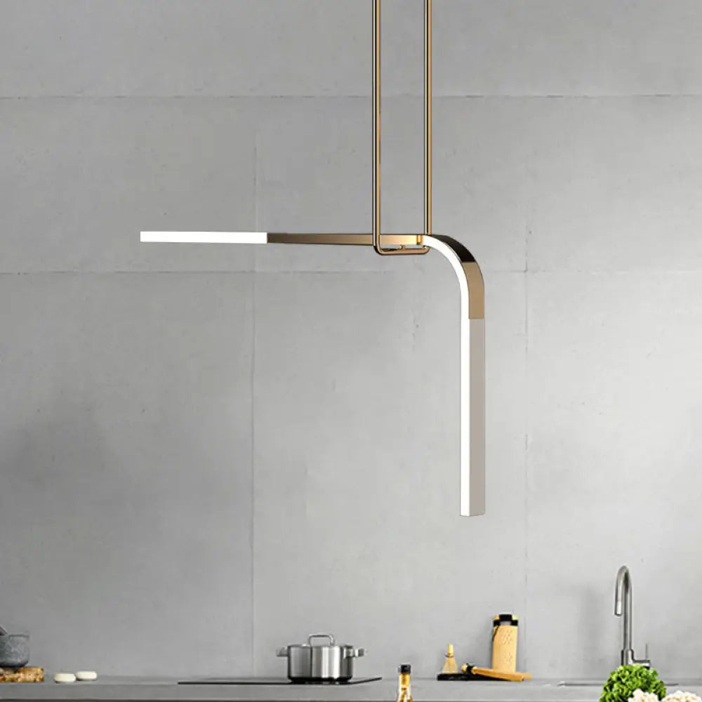 Minimalist Brass Led Pendant Lamp For Dining Table With Metallic Bend