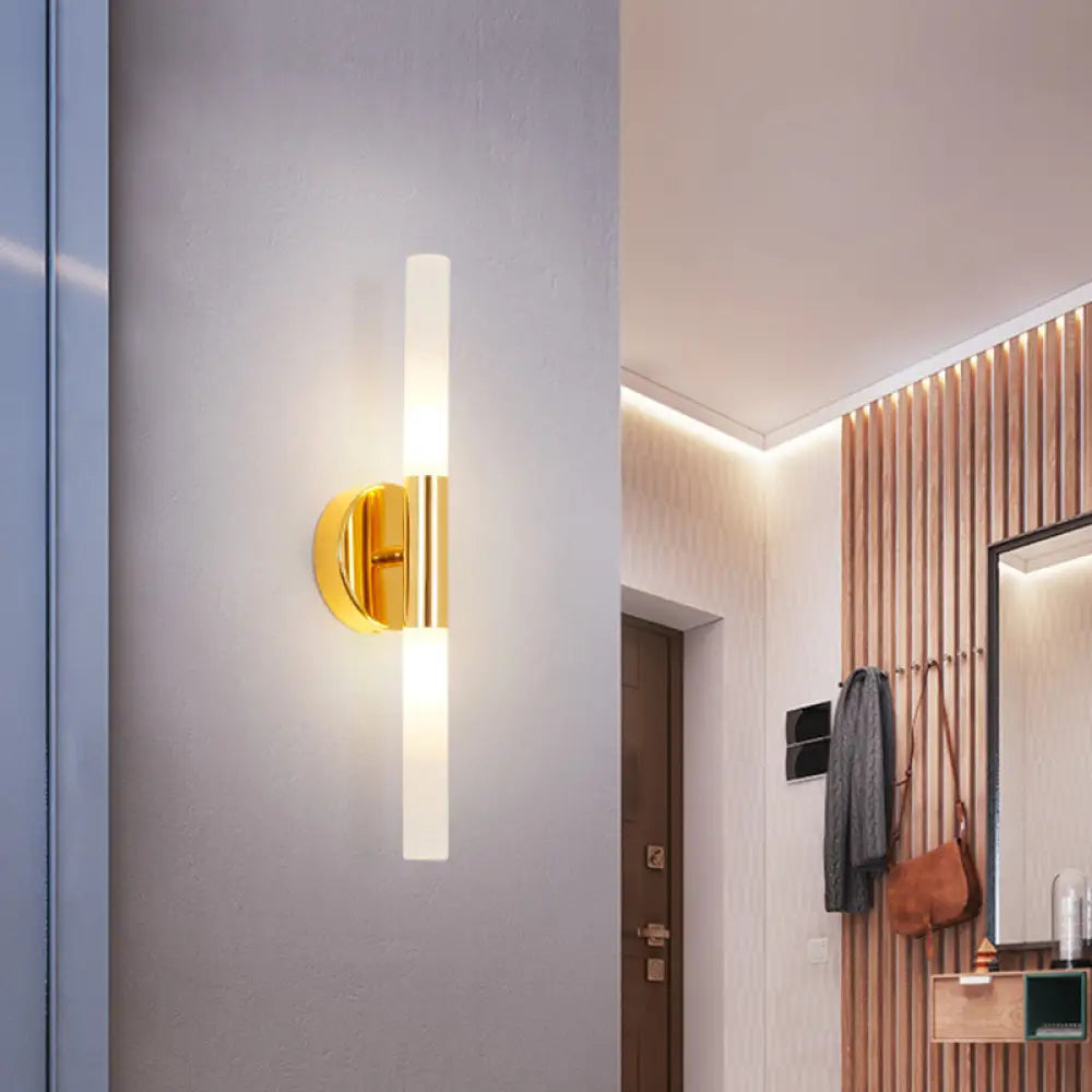 Minimalist Brass Led Wall Sconce With White Glass Tubular Design