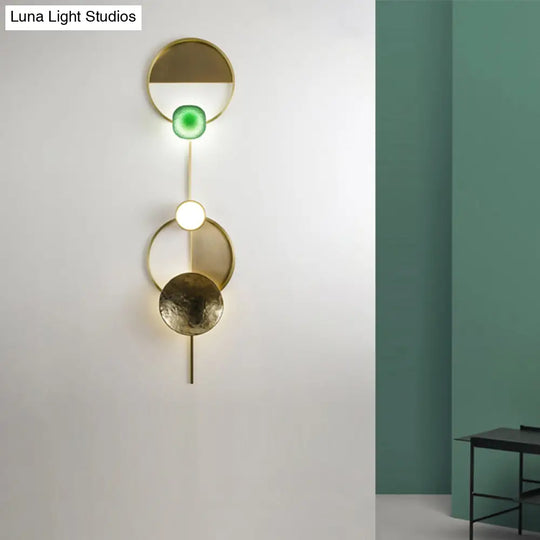 Minimalist Brass Orbit Wall Sconce - 10/12.5/17 Wide Light Fixture With White