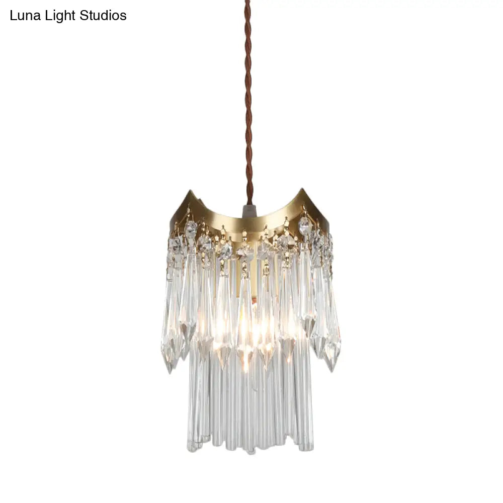 Minimalist Brass Pendulum Light With Crystal Prism And Tube Design - 2-Tier Hanging Ceiling Lamp