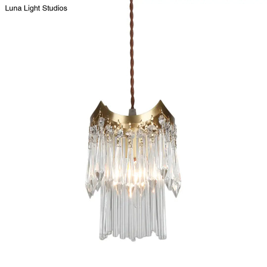 Minimalist Brass Pendulum Light With Crystal Prism And Tube Design - 2-Tier Hanging Ceiling Lamp